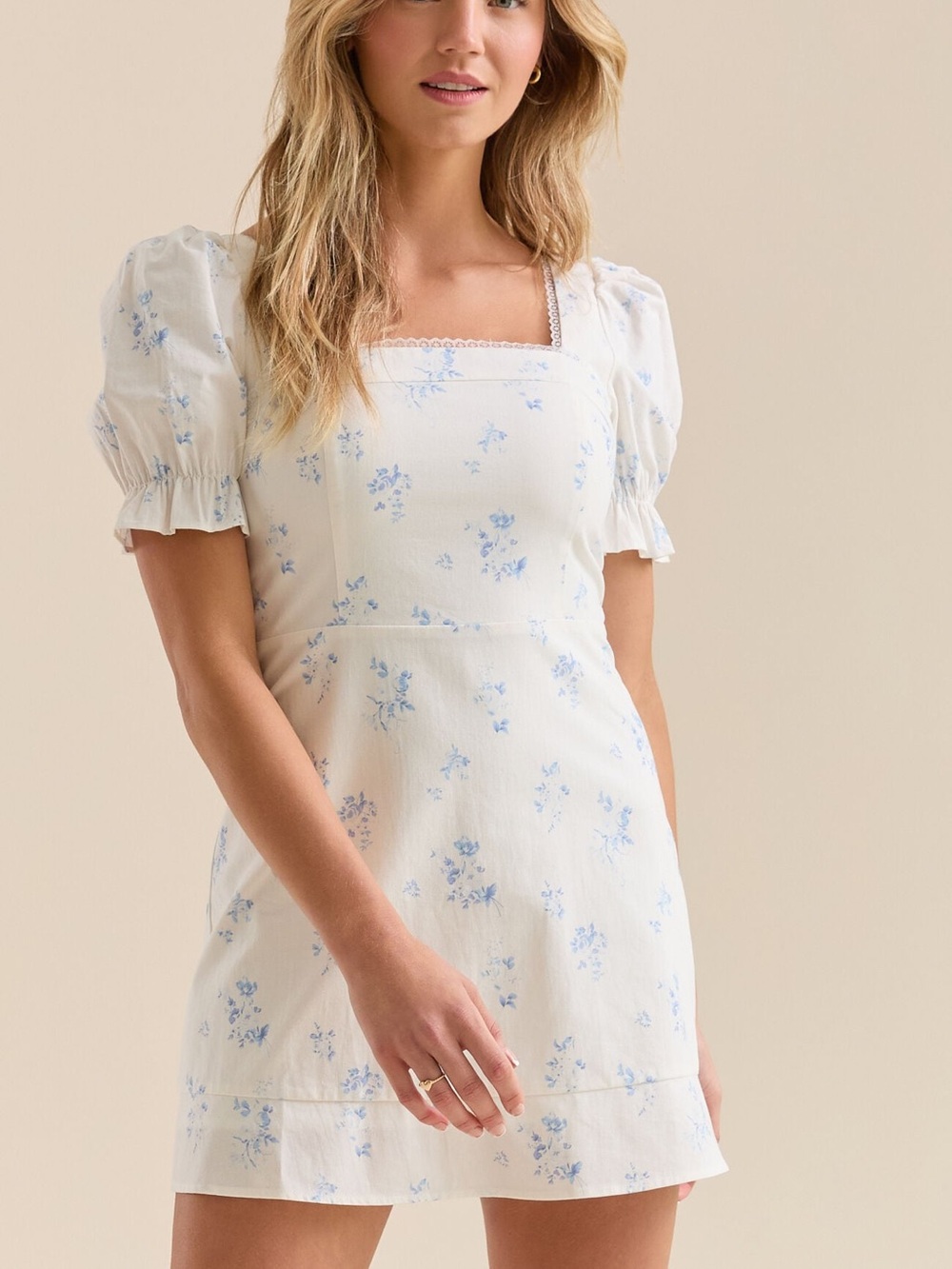 Altar’d State Lucia Blue Floral Puff Sleeve Mini Dress Size M Cottagecore